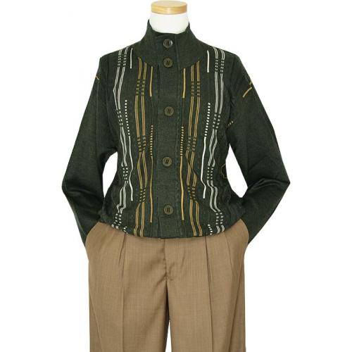 Silversilk Forest Green / Tan / Cream Knitted Silk Blend Button-Up Sweater 2359